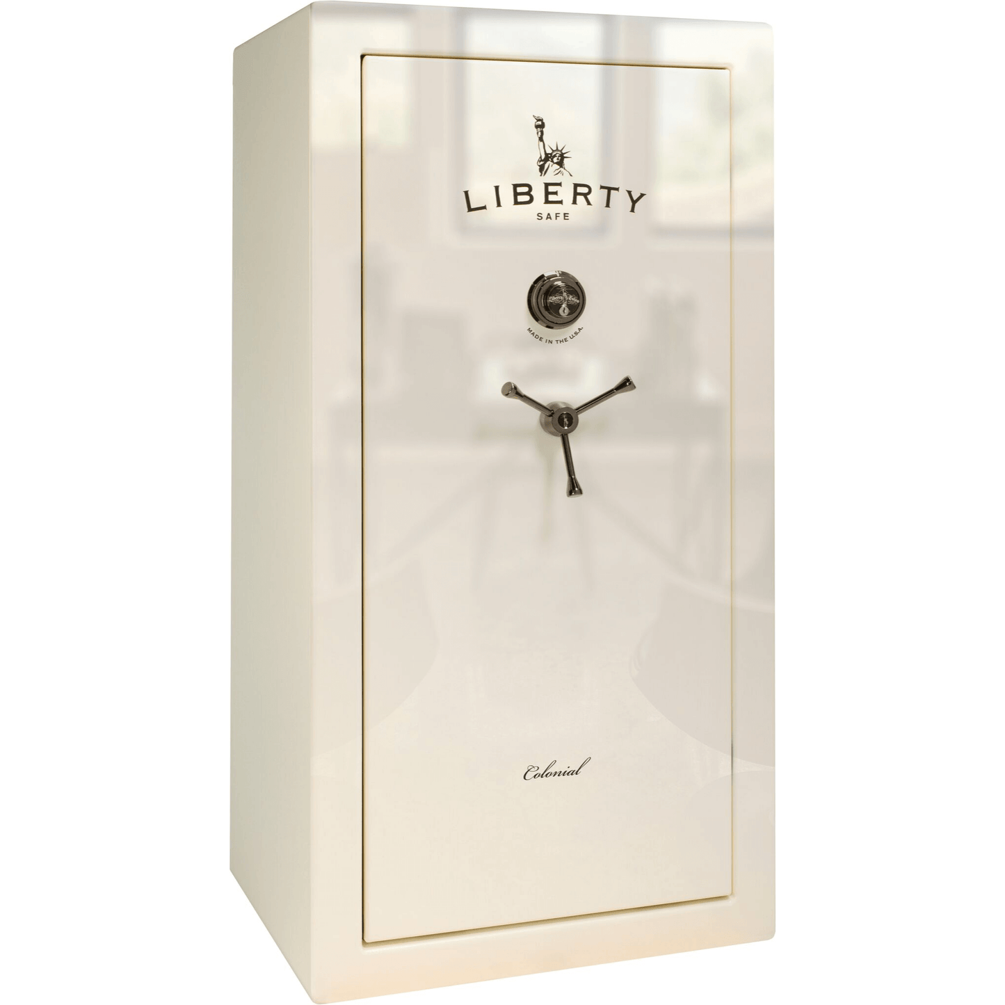Colonial Series | Level 4 Security | 75 Minute Fire Protection | 23 | DIMENSIONS: 60.5"(H) X 30"(W) X 22"(D*) | White Gloss Black Chrome | Mechanical Lock